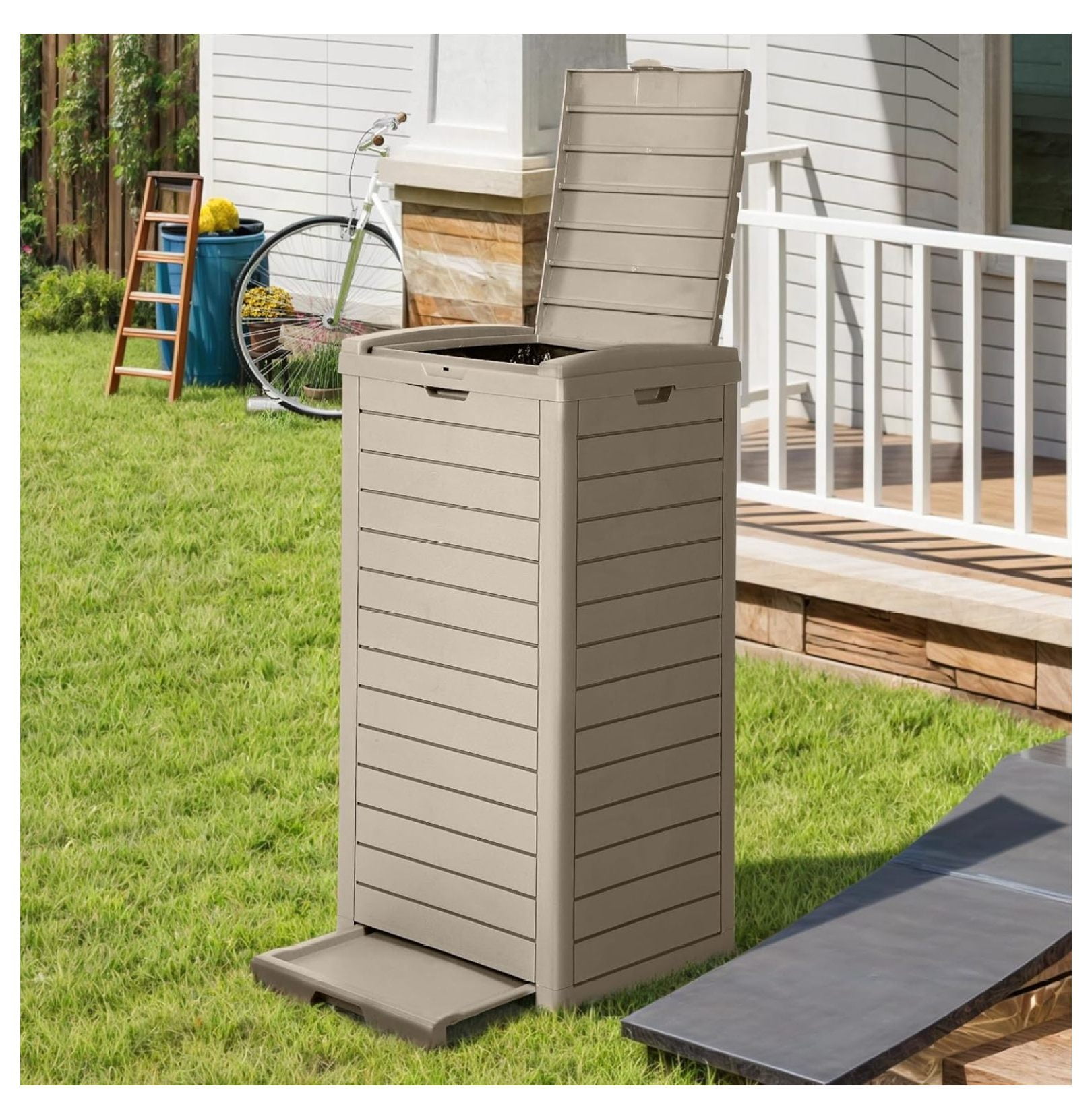 38 Gallon Large Outdoor Trash Can, Waterproof Resin Hideaway Garbage Bin with Lid and Drip Tray, Outside Trash Bin for Porch, Backyard, Deck, Patio, Poolside, Easy to Clean, Taupe
