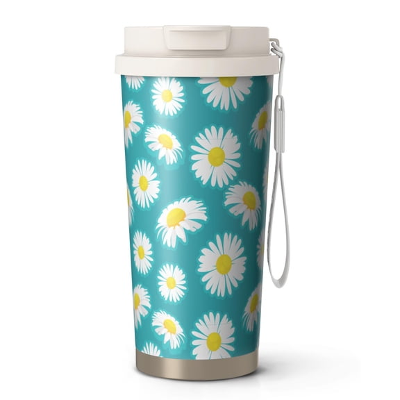 18oz Travel Coffee Mug, 316 Stainless Steel Vacuum Insulated Tumbler with 2-in-1 Straw Lid & Strap, Daisy Floral Print