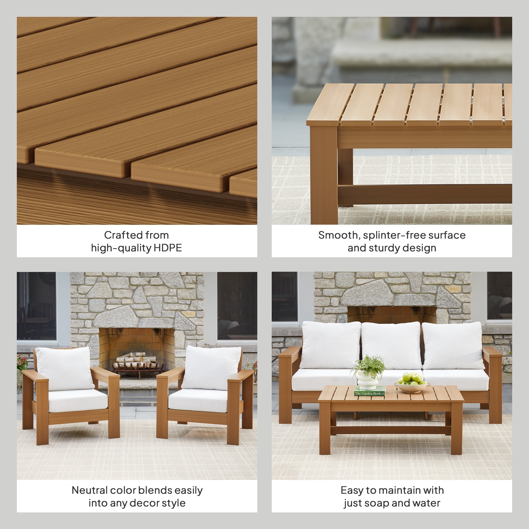 Better Homes & Gardens Ezra 4-Piece Outdoor HDPE Conversation Set, Teak with Cream Boucle Cushions