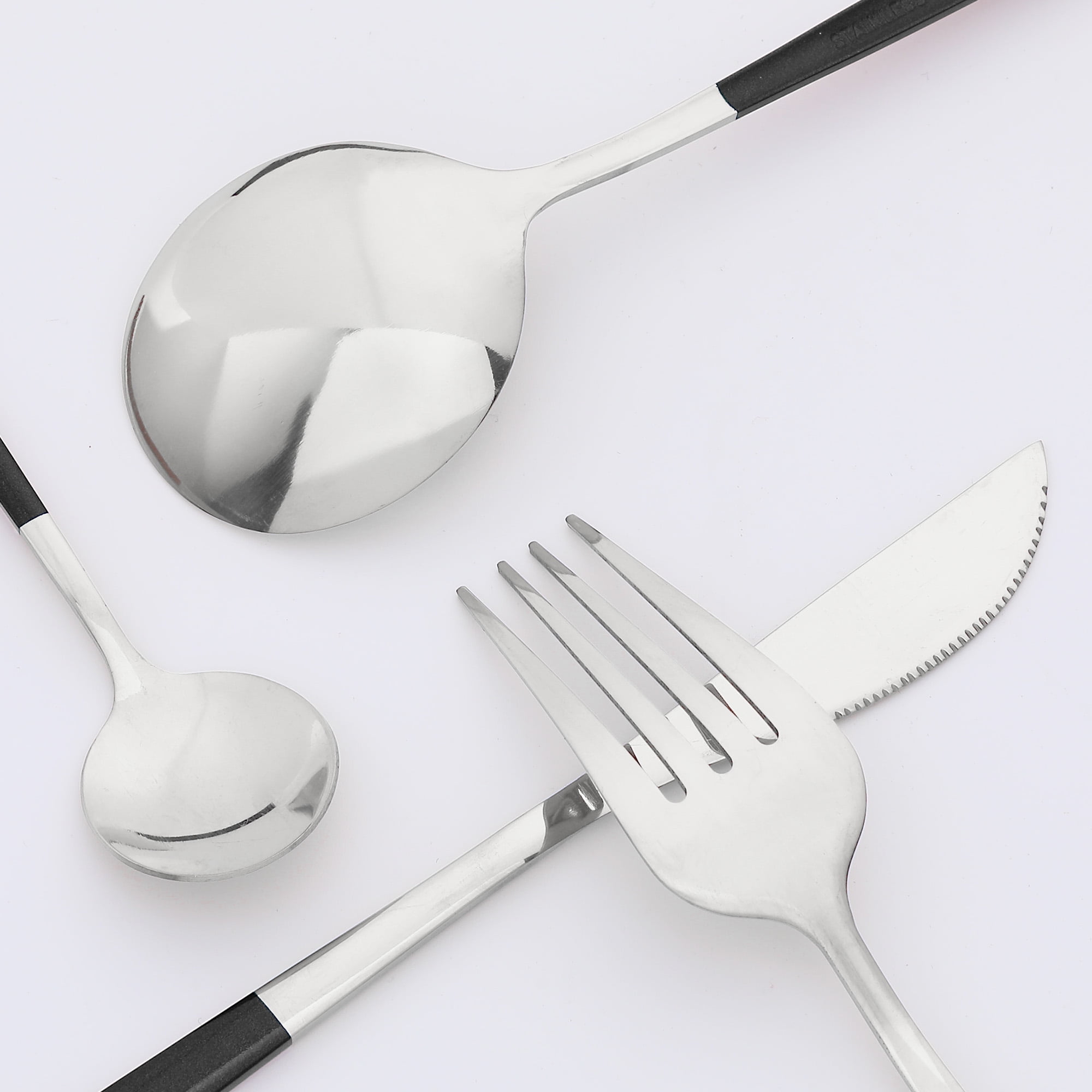 Unique Bargains 24 Pieces Stainless Steel Silverware Flatware Set Black
