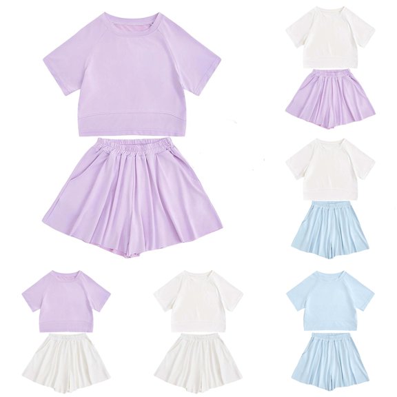 WAYUTE Girls 2 Piece Tennis Outfits Solid Raglan Sleeve Crew Neck Crop Short Sleeve Top and Pleated Skort Kids Athletic Sports Clothing Set Casual Daily Wear,Purple,Size 4-5 Y