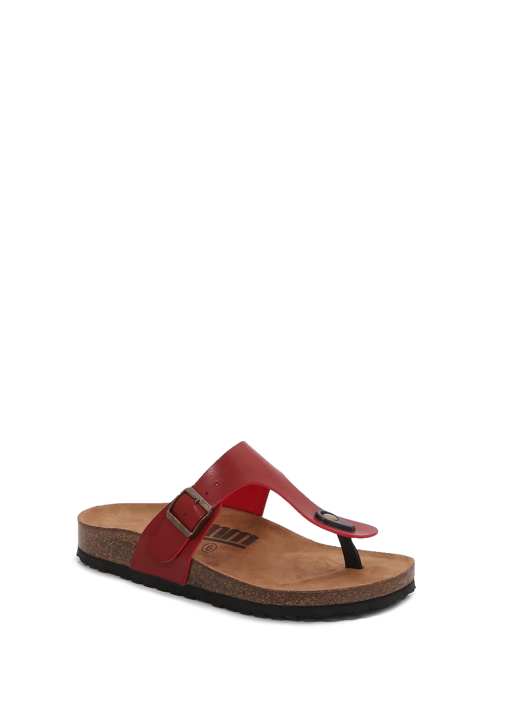 Women Soft Cork Footbed PU Leather Hook and Loop T Strap Flip Flops (PU Dark Red / 8 )