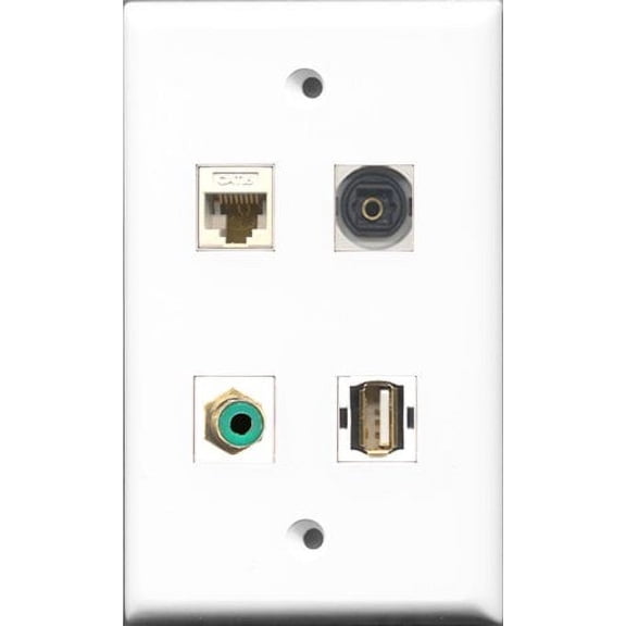 RiteAV 1 Port RCA Green and 1 Port USB A-A and 1 Port Toslink and 1 Port Cat6 Ethernet White Wall Plate