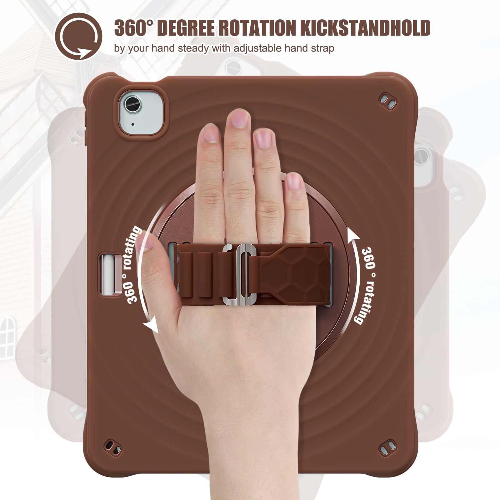 for iPad Air 13" 2025/2024 Case, Durable Sturdy Protection Case with Rotation Stand, Portable Hand Strap and Shoulder Strap Pencil Holder, Heavy Duty Shockproof Anti-Drop Cover, Chocolate