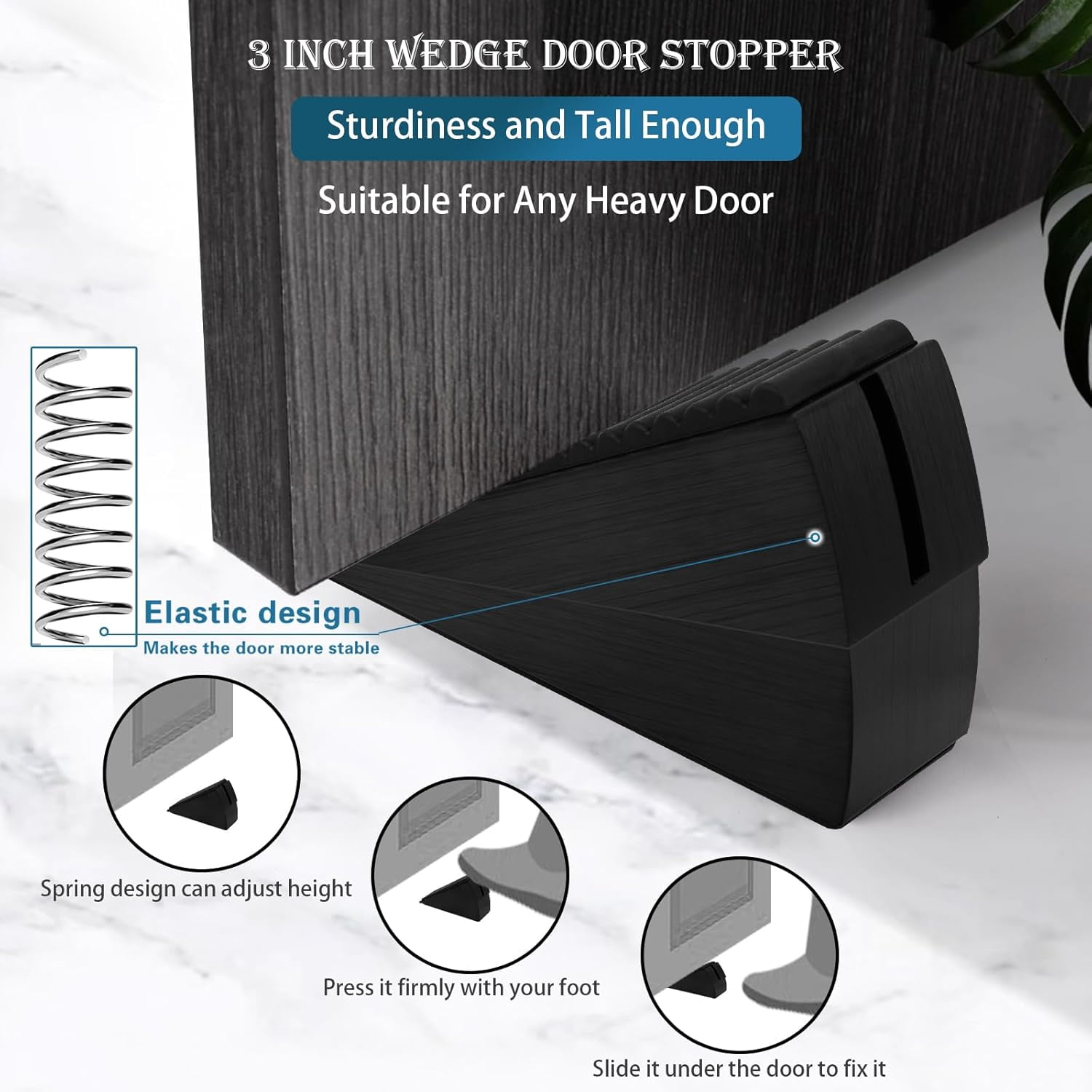 JJEAN-Heavy Duty Door Stopper, 2Pcs Wedge Door Stops, 3 Inch High Strongest Doorstop, Stainless Steel Spring Loaded Stopper Suits Any Heavy Doors