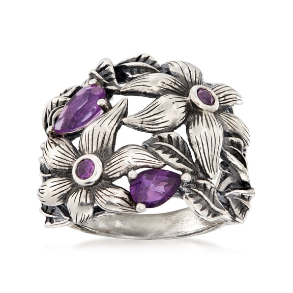 Ross-Simons 1.50 ct. t.w. Amethyst Openwork Flower Ring in Sterling Silver, Women's, Adult