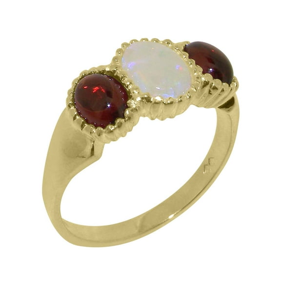 LBG British Made 9k Yellow Gold Natural Opal & Garnet Womens Anniversary Ring - 33 size options - Size 10