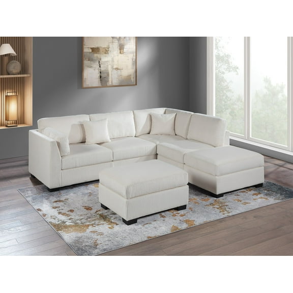 Classic Elegant Look Reversible Sectional in Beige Corduroy Upholstered 3pc Set Reversible Chaise Sofa Cocktail Ottoman