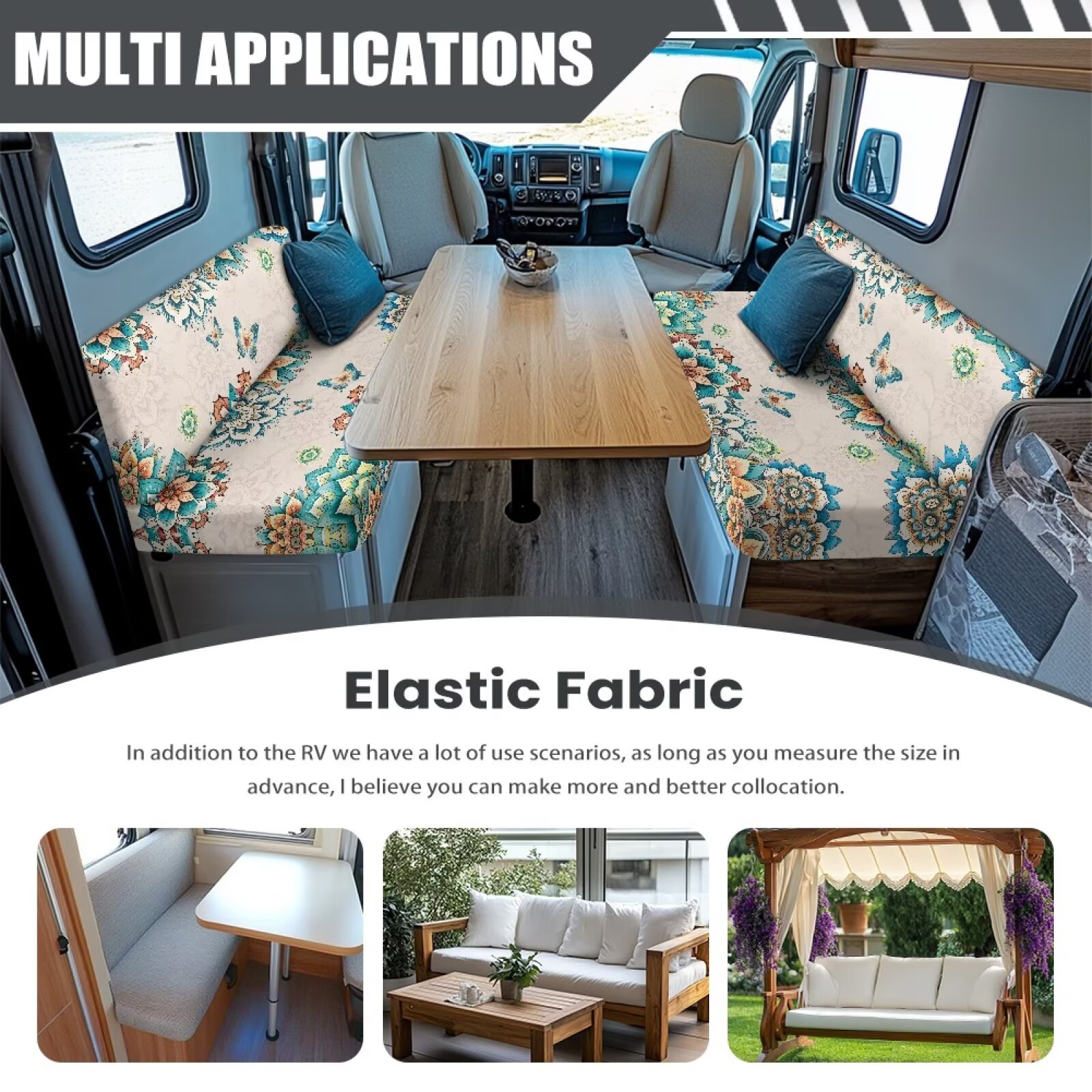 XYZCANDO Butterfly Floral RV Dinette Cushion Covers Universal Camper Accessories for Inside Sofa Covers Washable Washable Couch Cover 2 Cushion Sofa 1 Backrest Cover and 1 Bench Cover White