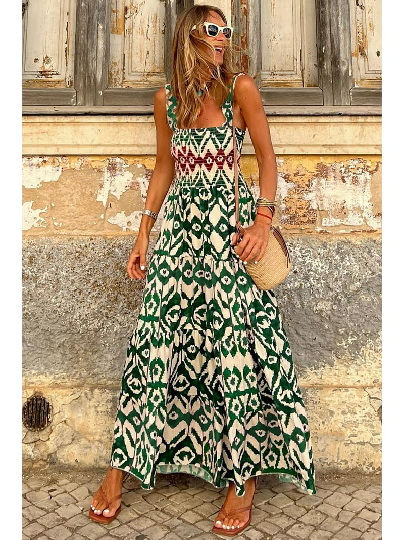 Women's Green Western Aztec Shirred Sleeveless Maxi Dress - Trendy Boho  Style - [ZhiHiMeRi] | (US 16-18)XL