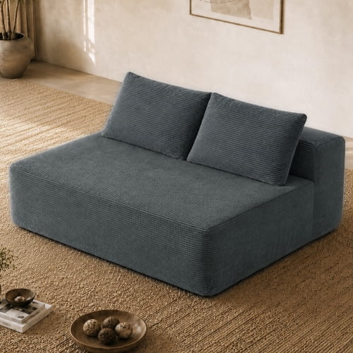 58 Inch 2 Seater Loveseat Sofa, Modern Corduroy Couch with Cup Holders, Double Chaise Lounge, No Assembly, Living Room, Grey