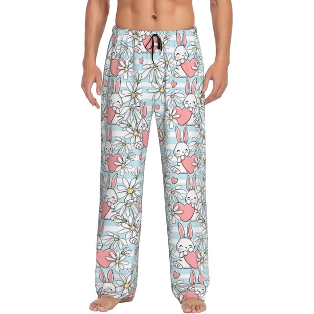 Xecao Cute Rabbit And Heart for Men's Pajama Pants Long Lounge Pants with Drawstring Waistband and Pockets Comfortable Sleepwear for Home Relaxation-X-Large