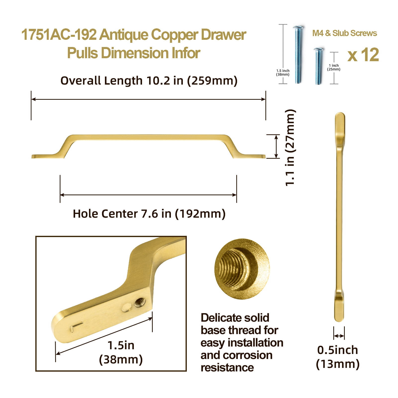Goo-Ki 12 Pack 7.6"(192mm) Hole Centers Champagne Bronze Cabinet Handle Drawer Pulls, Solid Zinc Alloy Modern Bar Handles Pull Kitchen Hardware for Dresser Cupboard Bathroom Wardrobe
