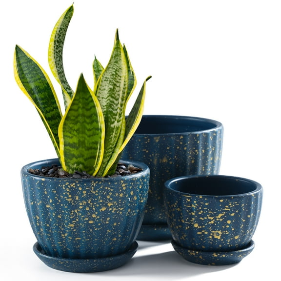 Ceramic Plant Pots with Drainage Holes and Saucers, Round Blue Flower Pots for Indoor Plant, Diameter 3.3/4.3/5.5 Inches Small Mini Flower Planters Set of 3