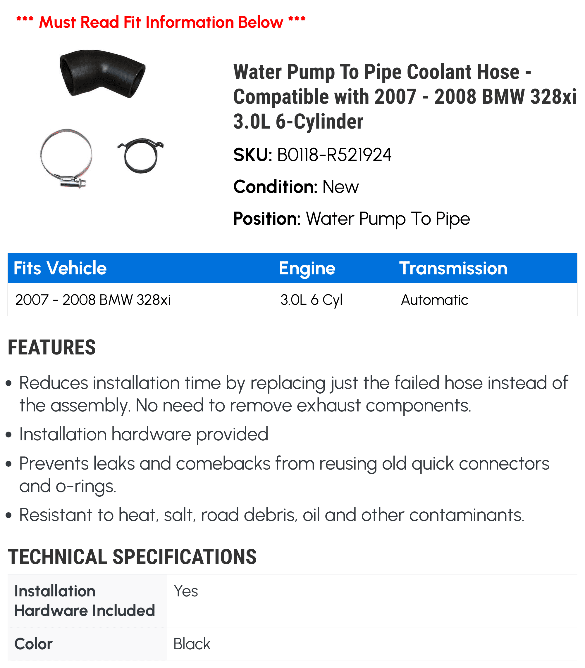 Water Pump To Line Coolant Hose - Compatible with 2007 - 2008 BMW 328xi 3.0L 6-Cylinder