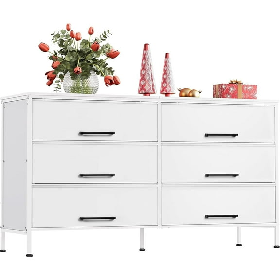 White TV Stand for 60, 65, 70 inch TV, Large Entertainment Center with 6 Fabric Drawer, TV Media Console Table with Wood Top, Adjustable Feet for Living Room,