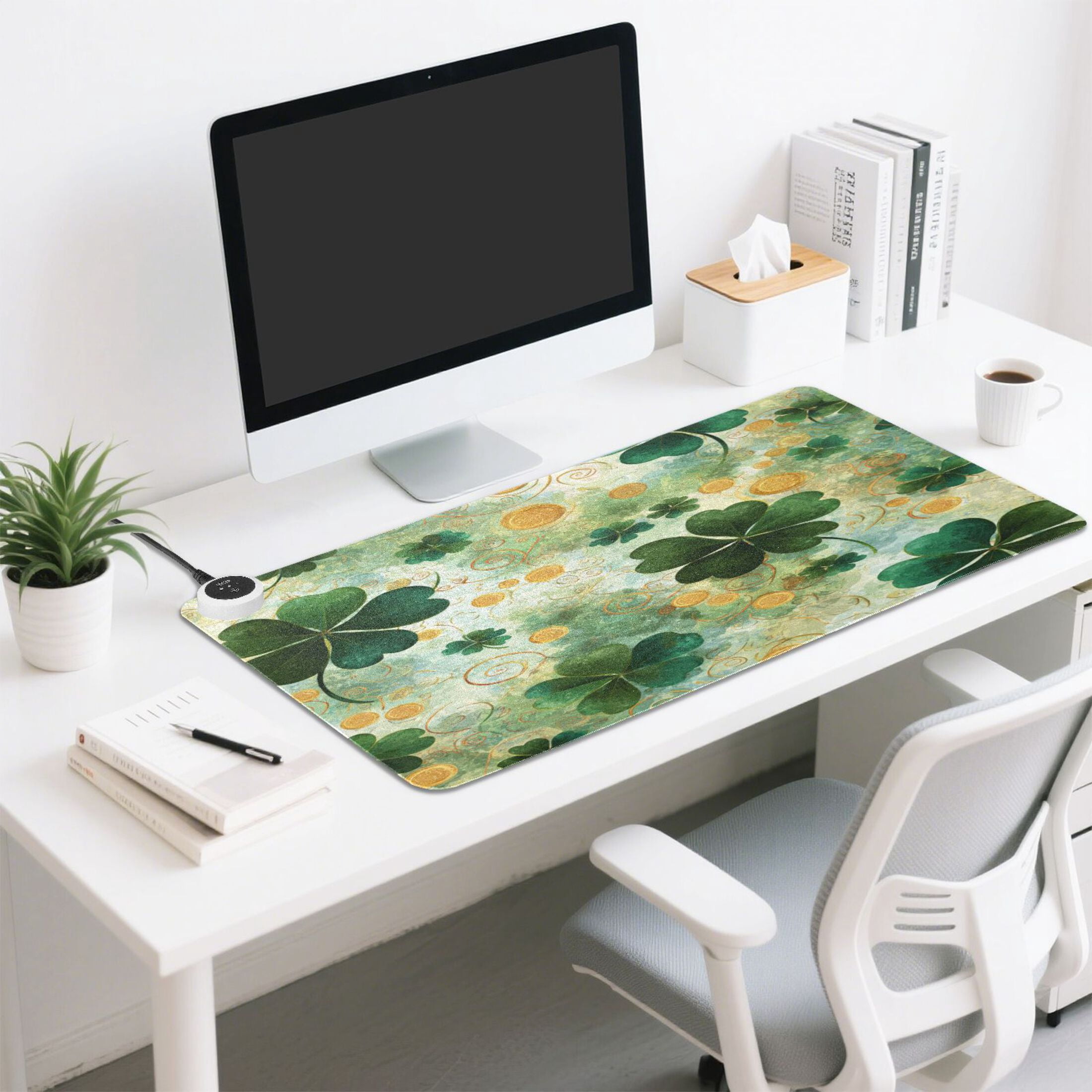 Large Heated Desk Mat Mouse Pad 31.5"x13"PU Leather Graphene Heating Desk Warmer with 3 Temperature Settings 110V US Plug Non-Slip Warm Pad for Home, Office, and Gaming Lucky Clover Coin Pattern