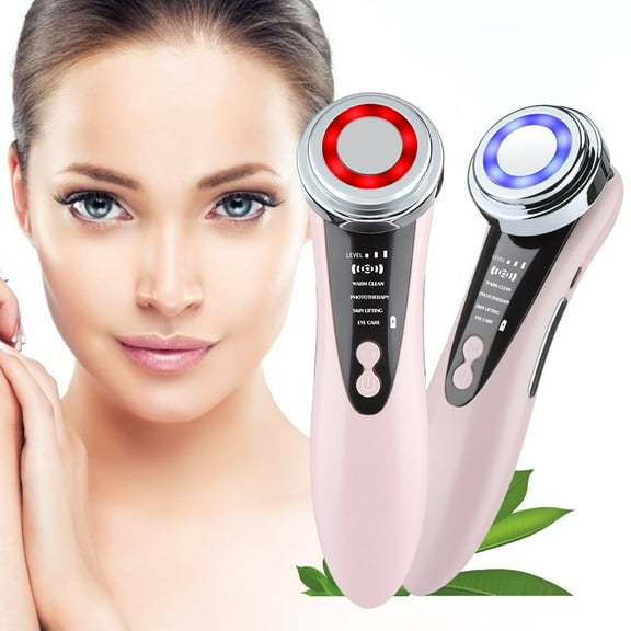 Face Massager Electric Face Lifting, 4 in 1 Facial Massager with Red Blue Light forDeep Cleansing, Anti-Aging, Pore Tightening & Eye Care, Pink