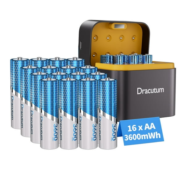 Dracutum Rechargeable AA Lithium Batteries with Charger, 16 Pack 3600mWh High Capacity 1.5V Double AA Battery for Cameras,Toys, VR Controllers