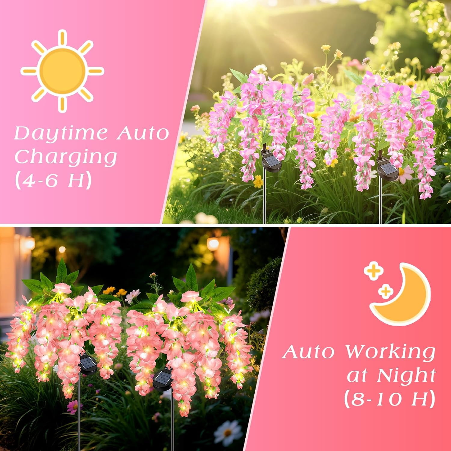 Ninonly 2 Pack Solar Garden Lights Outdoor, 2 Lighting Modes Solar Wisteria Flowers Lights Outdoor Waterproof for Landscape Courtyard Lawn Decor