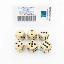 Ivory Marbleized Dice with Black Pips 16mm (5/8in) D6 Set of 6 Wondertrail