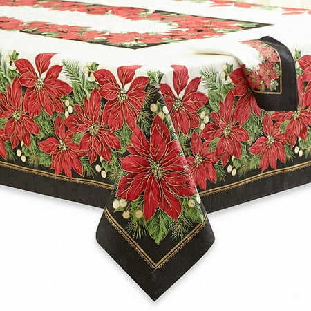60x84 Fabric Tablecloth - Winter Wonderland Poinsettia Damask Fabric Tablecloth Table Cloth 60x84 Ob