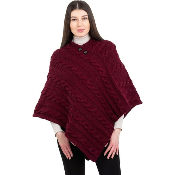 Aran Isle Ladies Irish Aran Cable Knit Buttoned Poncho- 100% Virgin Wool