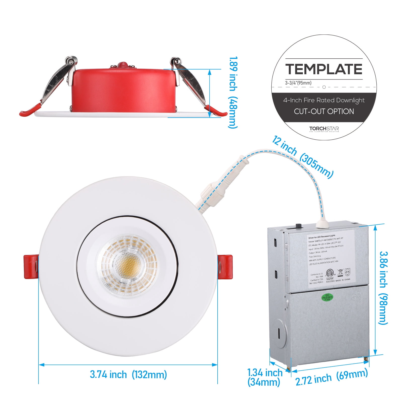 2 Pack 4 Inch 9W Fire Rated Gimbal LED Recessed Light, 5CCT Dimmable Canless Downlight with J-Box, Meets UL263 & ASTM E119, 2 Hour Fire-Rated Commercial Ceilings