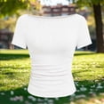 thumbnail image 2 of hoksml Women's Ribbed Boat Neck Elbow Sleeve Top, Side Ruched Slim Fit Crop Shirt for Summer Casual Wear, 2 of 5