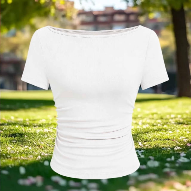 Uootdi Womens Tops Boat Neck Ruched Slim Fit Short Sleeves Rib Knit Soft Comfy Casual Daily Going Out Shirts Gift
