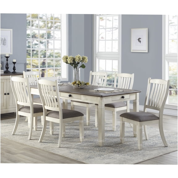 JERFIT 7-Piece Antique White Dining Set with 6 Upholstered Chairs and Storage Drawers, Casual Kitchen Table for 6