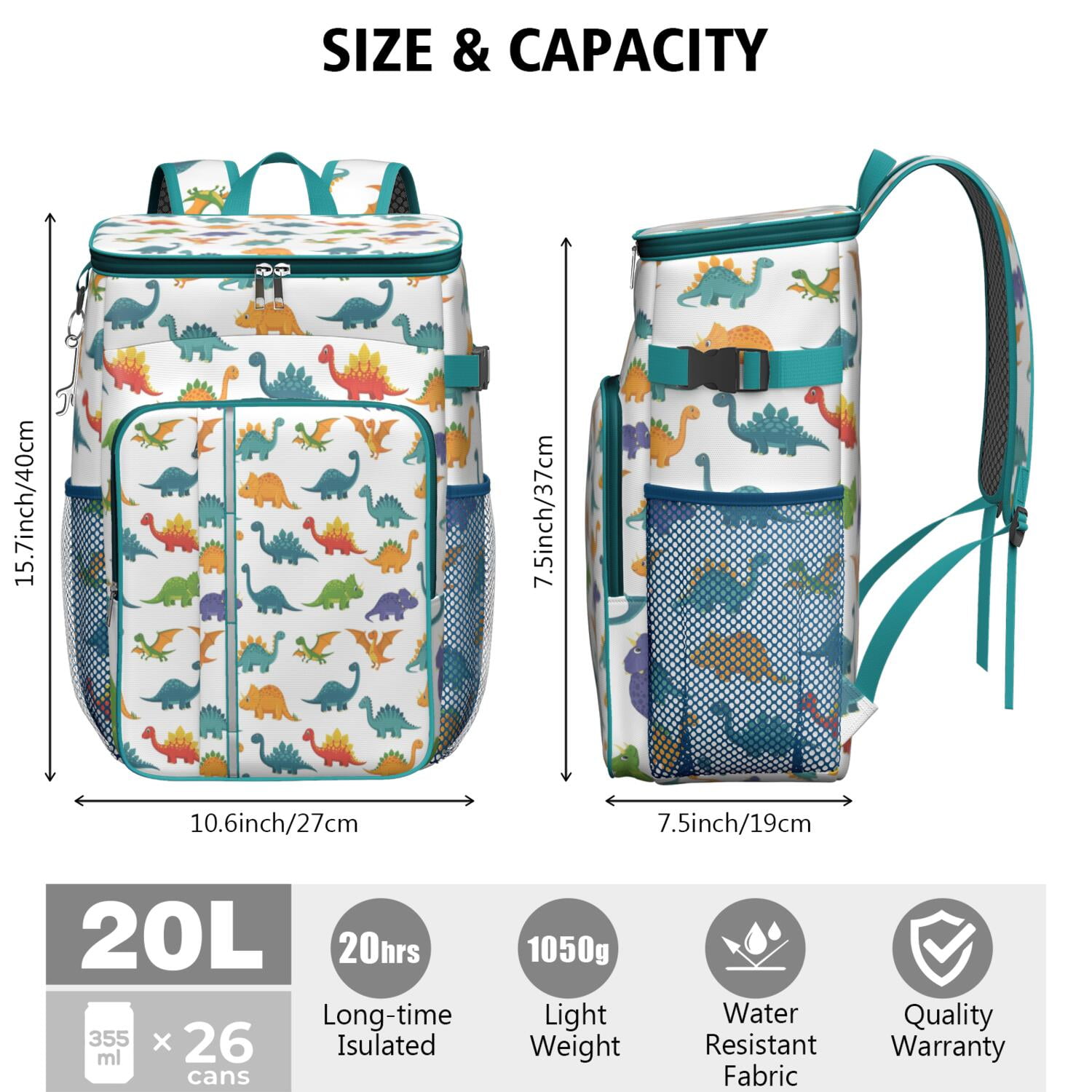 Travel Cooler Bag - White Dinosaurs Colorful Species Pattern Camping Beer Cooler Backpack with Bottle Opener- Waterproof Insulated Picnic Backpacks - Cooler Bag for Beach