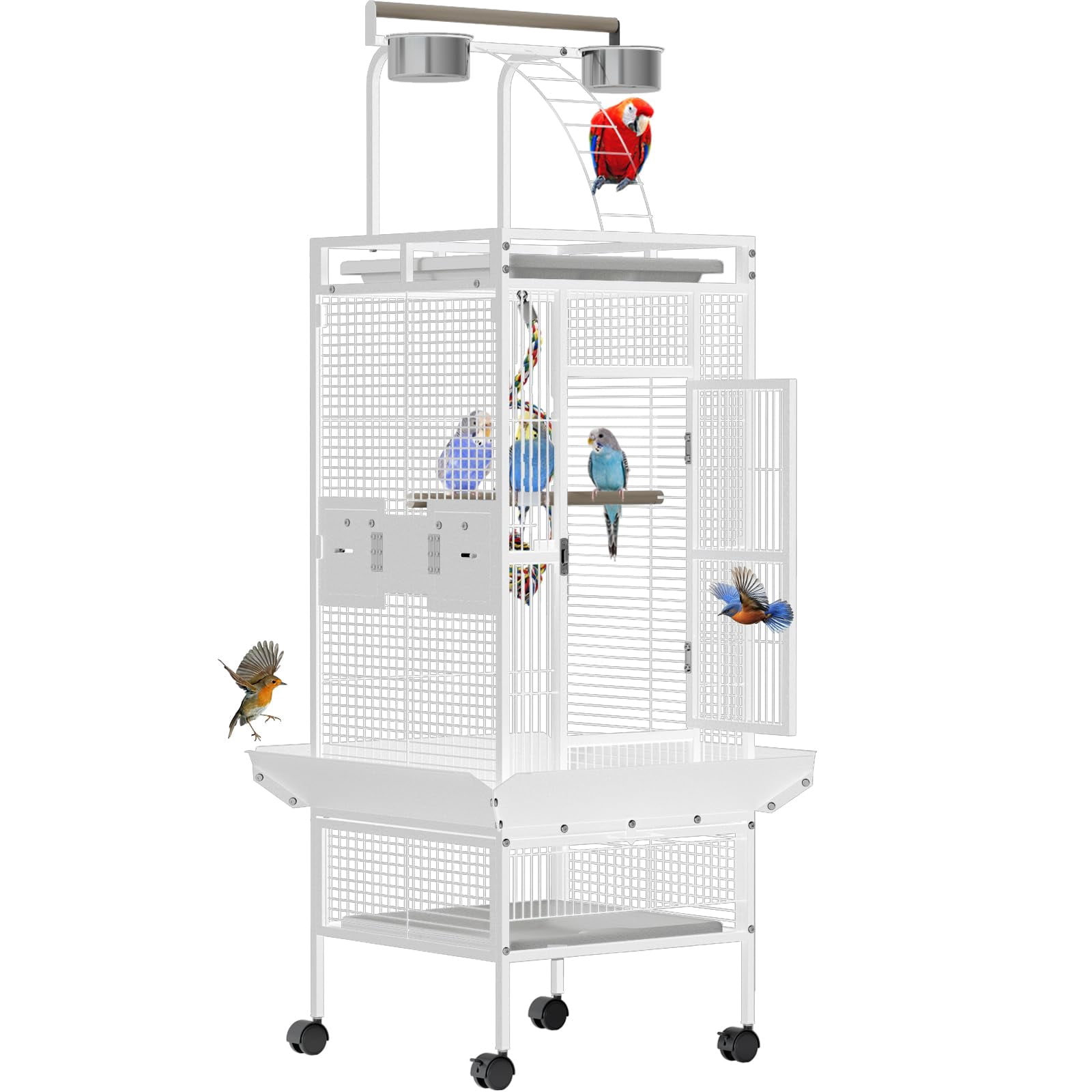 Large 60" Wrought Iron Bird Flight Cage with Rolling Stand & Play Top – Heavy Duty Parrot Cage with 4 Stainless Steel Bowls for African Grey, Cockatiel, Conure, Parakeet, White