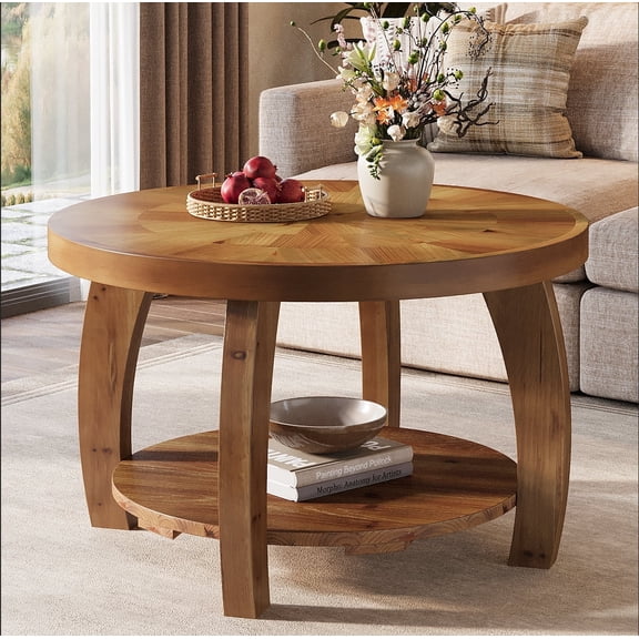 Finmind Solid Wood Round Coffee Table, 2-Tier Center Table with Storage, 31.5 Inches Wood  Tabletop with Mosaic Pattern, Easy Assembly, for Living Room, Brown