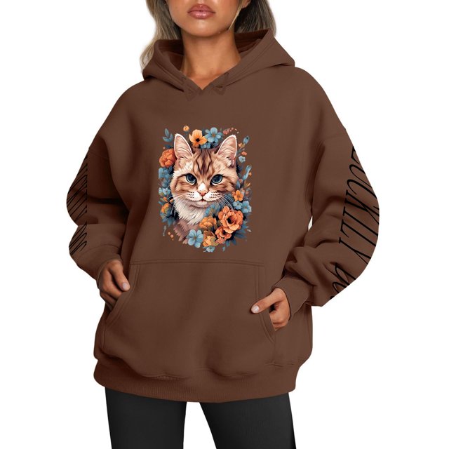 WEAIXIMIUNG Chandails Molletonnés Grande Taille pour Femmes à Imprimé Graphique Chat/chien, Chandail à Capuchon Décontracté à Cordon pour Femmes