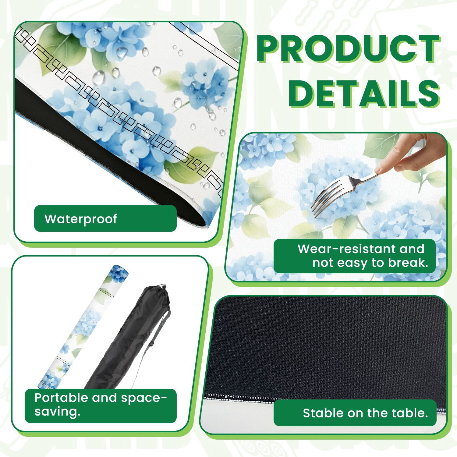Mahjong Mat 31.5" x 31.5" Seamless watercolor blue hydrangea leaves floral Non-Slip Noise Reduction American Mahjong Tiles Table Cover for Dominoes Poker Card Board Games Gift