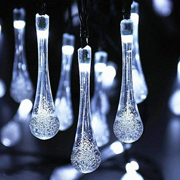 Guirnalda de 50 luces LED solares con 8 modos de iluminación y forma de lágrima, impermeables, para patio, jardín, árbol de patio, decoración de bodas (blancas)