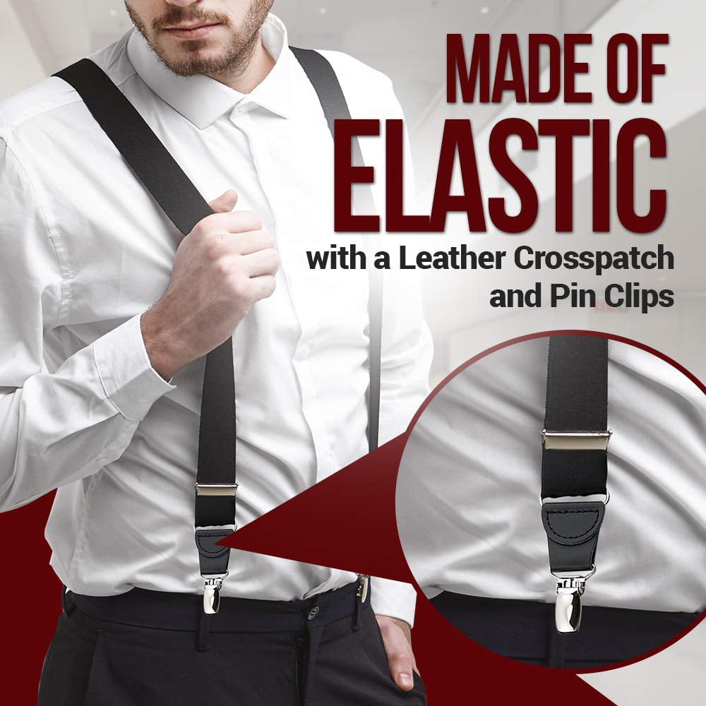 Mens Elastic No Slip "Pin Clip" x Back Suspenders With Leather Trim - Black (Available in 2 Colors)