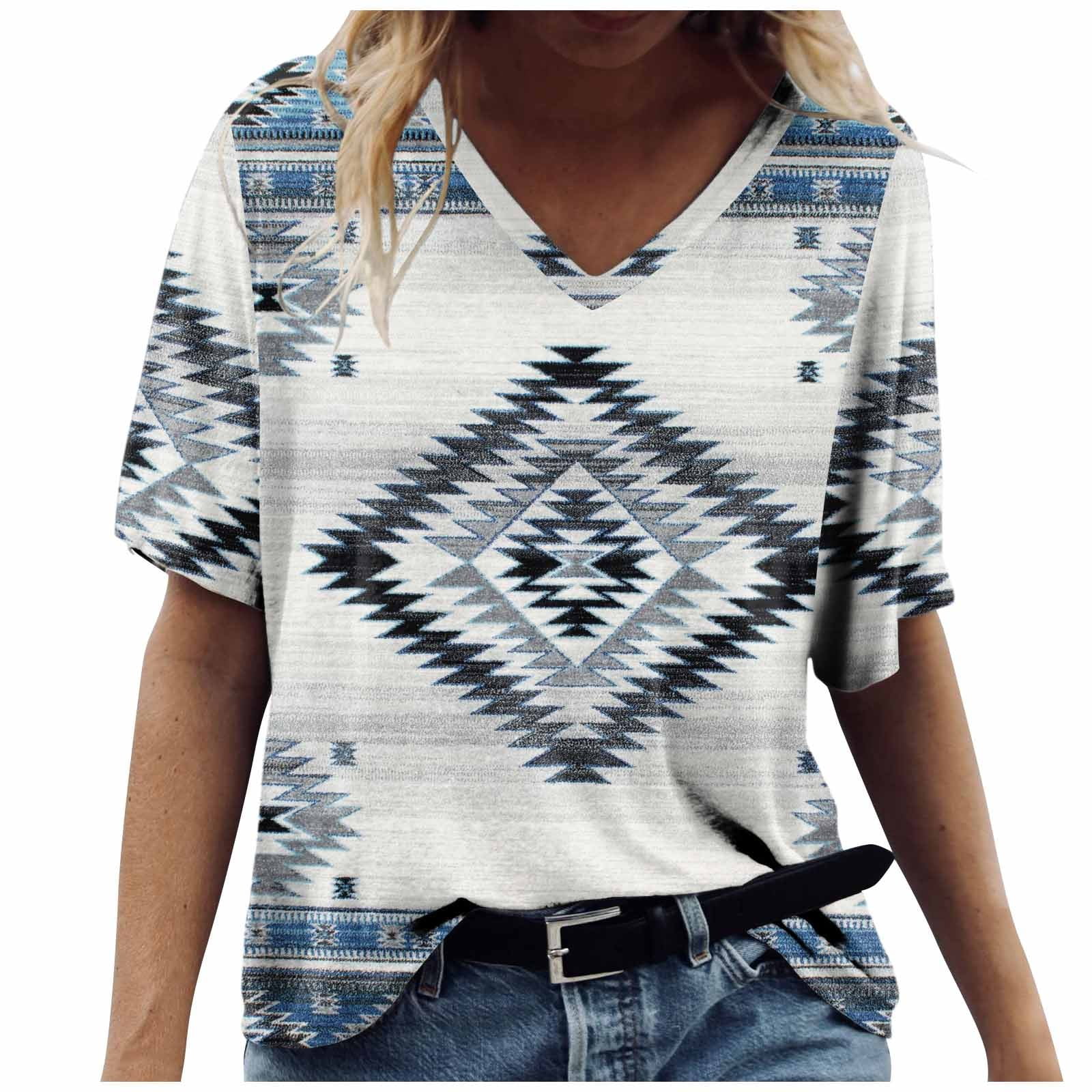 TQWQT Womens Tops Short Sleeve V Neck Western Shirts Ethnic Graphic ...