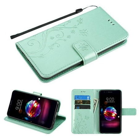 Molded Light Pouch - Phone Case for LG K10 (2018), K30 (X410), Premier Pro (L413DL) - Pattern Flip Wallet Case Cover Stand Pouch Book Magnetic Buckle with Hand Strap 3D Butterfly Flower - Teal Green