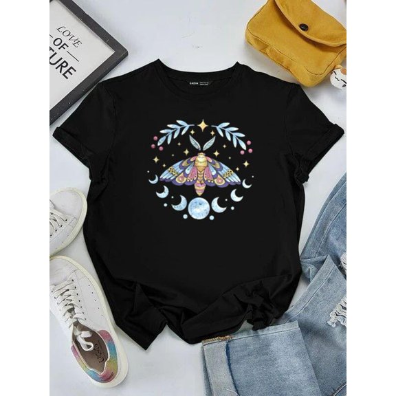 Celestial Moth Vintage Witchy Aesthetic Lunar Phase Moon Graphic Unisex tee V50357, for men & women, up to size 5XL