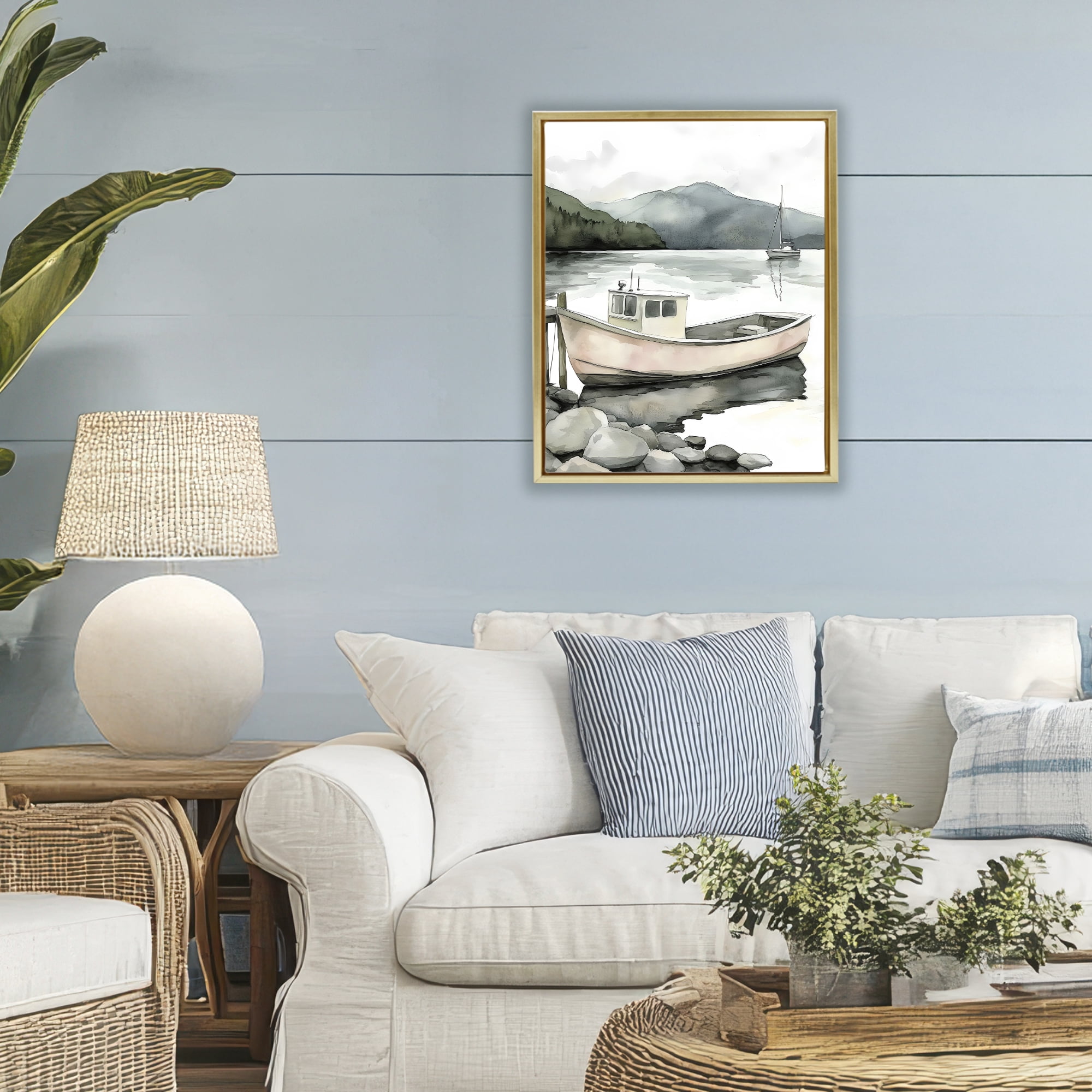 Stupell Industries Coastal Calm Docked Boat Gold Framed Floater Canvas Wall Art, design by Riley B