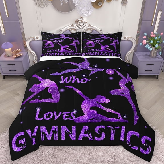 Homewish Gymnastics Dancing Lovers Bedding Comforter Set,Girls Gymnastic Sports Twin Comforter Sets,Purple Sequin Print Bedding Set For Kids,Ultra Soft Home Decor Reversible,2 Pieces