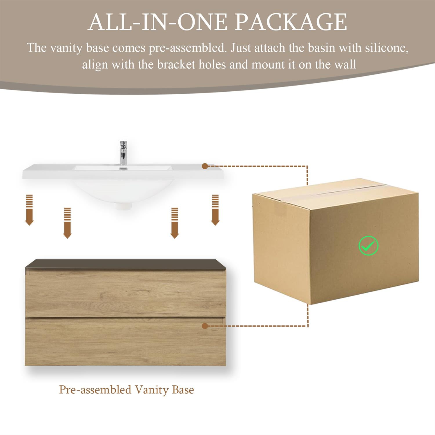 Demi Bonn 42" Floating Bathroom Vanity with Sink, Resin Top Basin and 2 Soft Close Drawers, Faucets and Drains Not Included, Brown