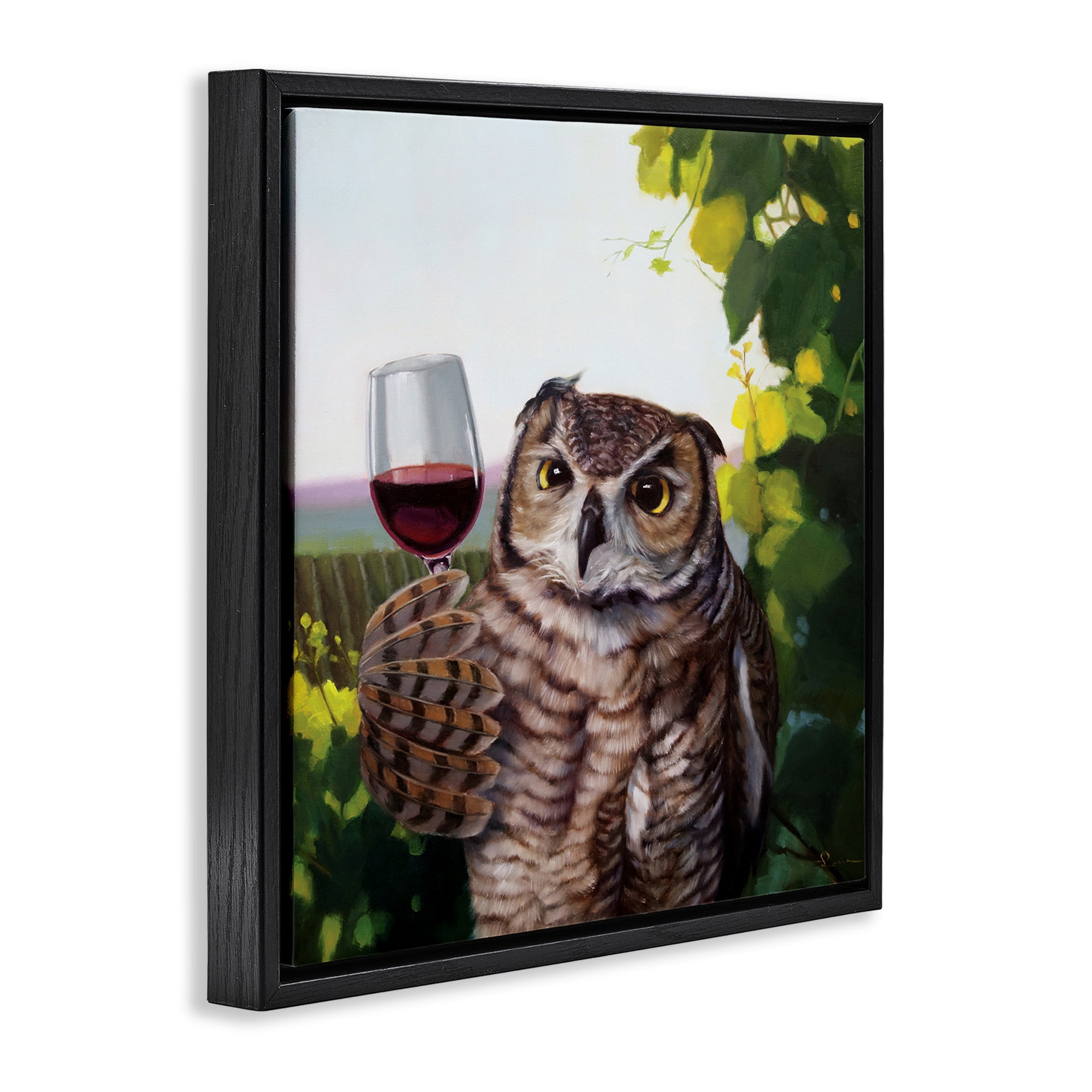 Stupell Industries Owl Drinking Red Wine Animals & Insects Painting Black Floater Framed Canvas Art Print Wall Art, 18 x 18