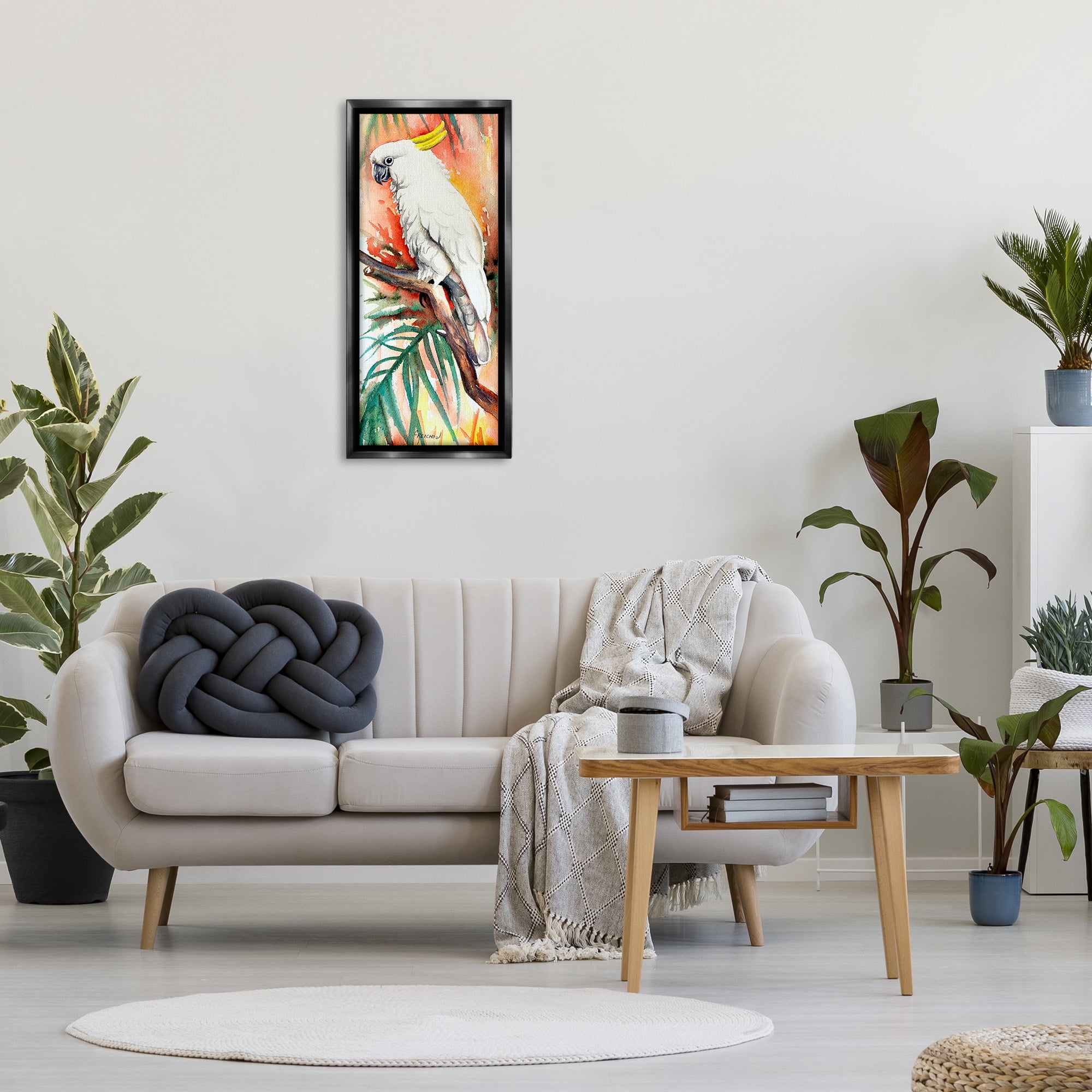 Stupell Industries Cockatoo in Rainforest Animals & Insects Painting Black Floater Framed Canvas Art Print Wall Art, 14 x 31