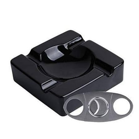 Cigar Ashtray Outdoors Ash Tray – 8.5 inch Ceramic Ashtrays Bundled with Cigar Cutter Stainless Steel – Black Glossy Cigar Rest for Indoor, Outdoor, Patio, Home, Office Use – Cigar Accessories Gifts