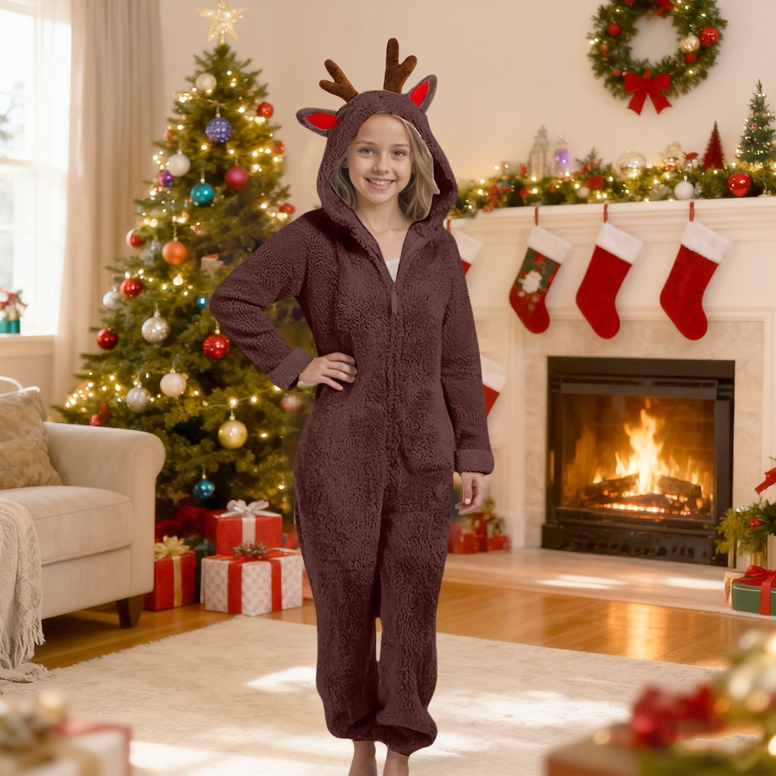 Ruyang Christmas Deer Ears Fleece Jumpsuit for Girls Winter Warm Fuzzy Hooded Onesie Zip Thermal Furry Bodysuit