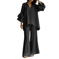 thumbnail image 4 of BRELIL Women Plus Size Two Piece Set V Neck Ruffle Sleeve Shirt Wide Leg Pants Casual Summer Loungewear Solid Boho Vacation Outfits Tracksuit Loose 2 Piece, Black 4XL, 4 of 5