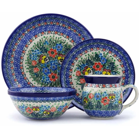 Polish Pottery 4pc Place Setting Polmedia Country Bouquet Theme UNIKAT Hand Painted in Boleslawiec, Poland   Certificate of Authenticity